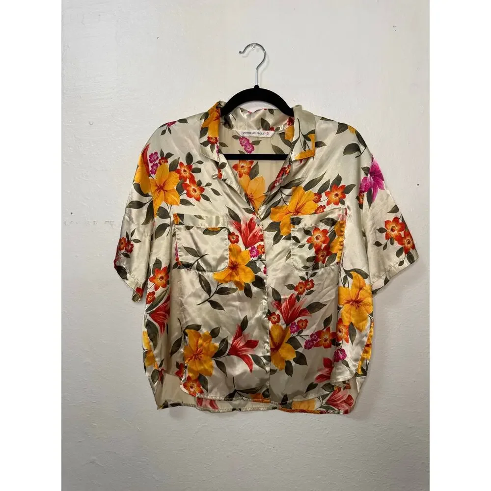 Vtg Victoria’s Secret Women’s Large Floral Satin Pajama Set Top & Shorts 90s